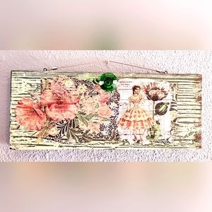 Handcrafted barnwood wall art, rustic, weathered, green, pink, cream, Floral